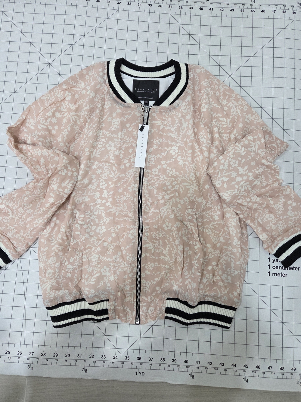 Sanctuary Blush Pink Floral Bomber Jacket with Black-Trim Ribbing